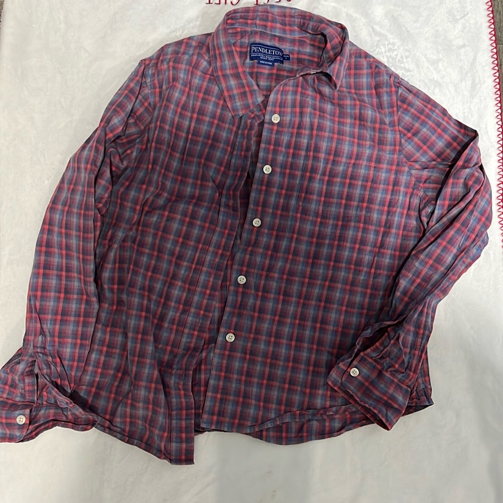 PENDLETON BUTTON DOWN WESTERN SHIRT SIZE L petite RED BLUE COTTON LONG SLeeve